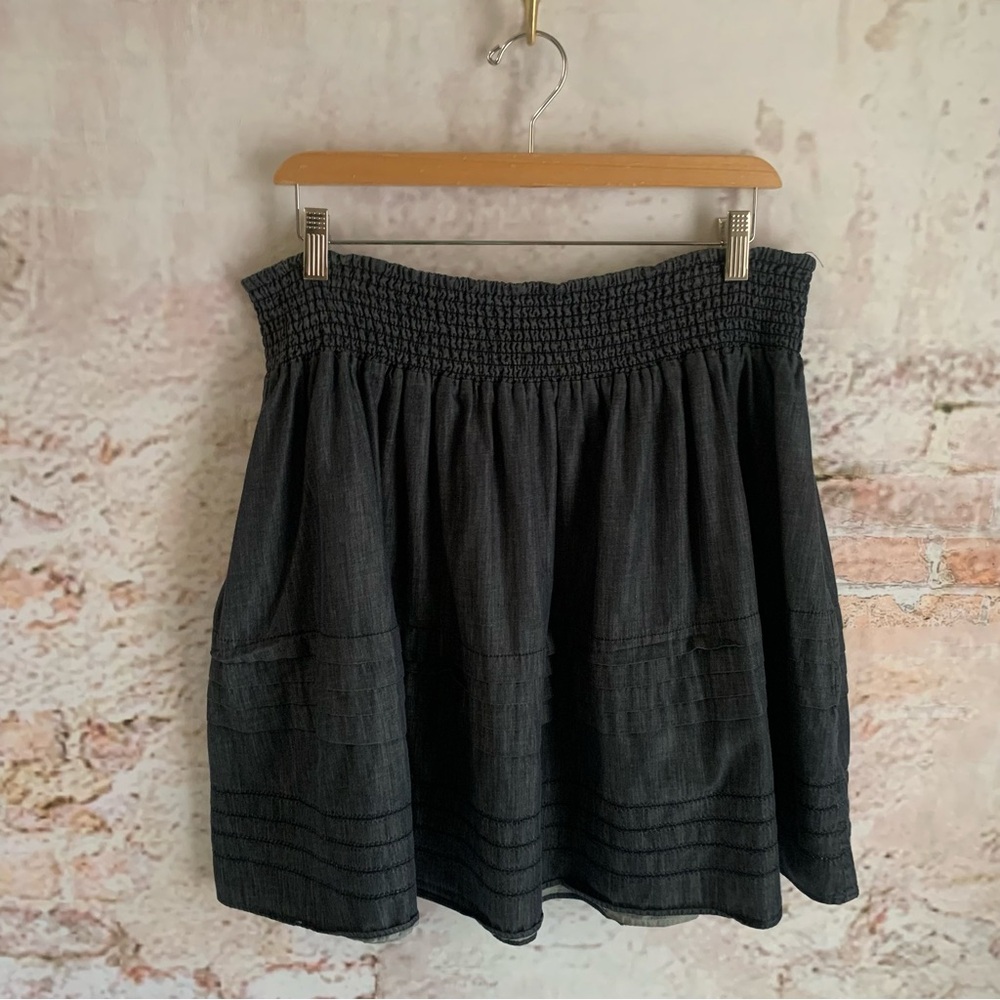 Smocked Waist Denim Pleated Skirt